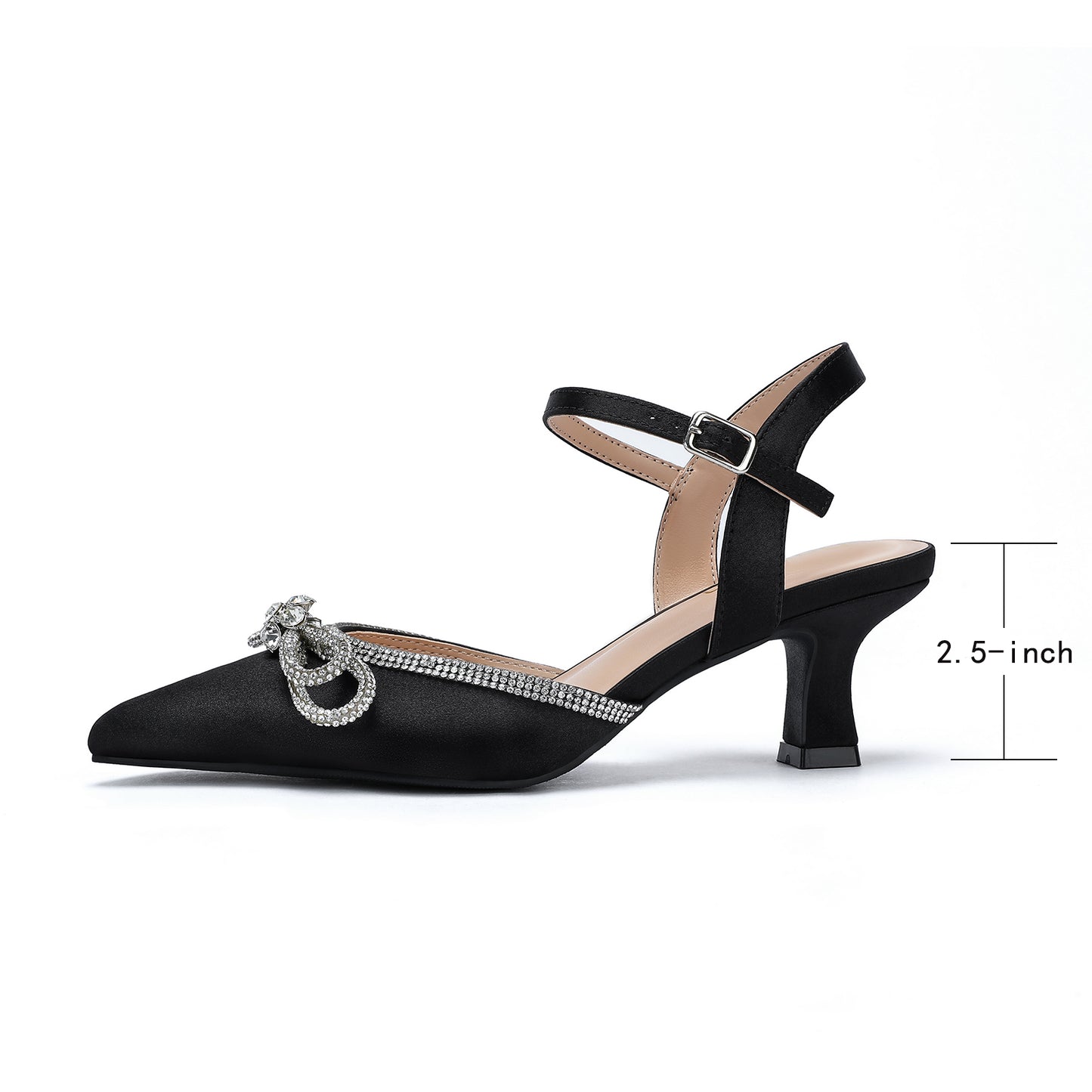 Wide Width Kitten Heels for Women Rhinestone Bow Pointed Closed Toe Pumps Ankle Strap Wedding Bridal Party Dress Shoes