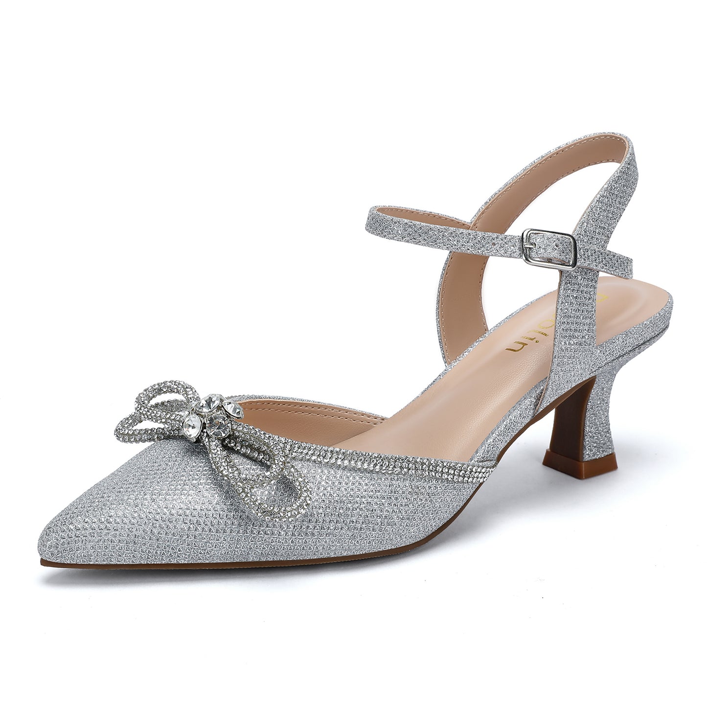 Wide Width Kitten Heels for Women Rhinestone Bow Pointed Closed Toe Pumps Ankle Strap Wedding Bridal Party Dress Shoes