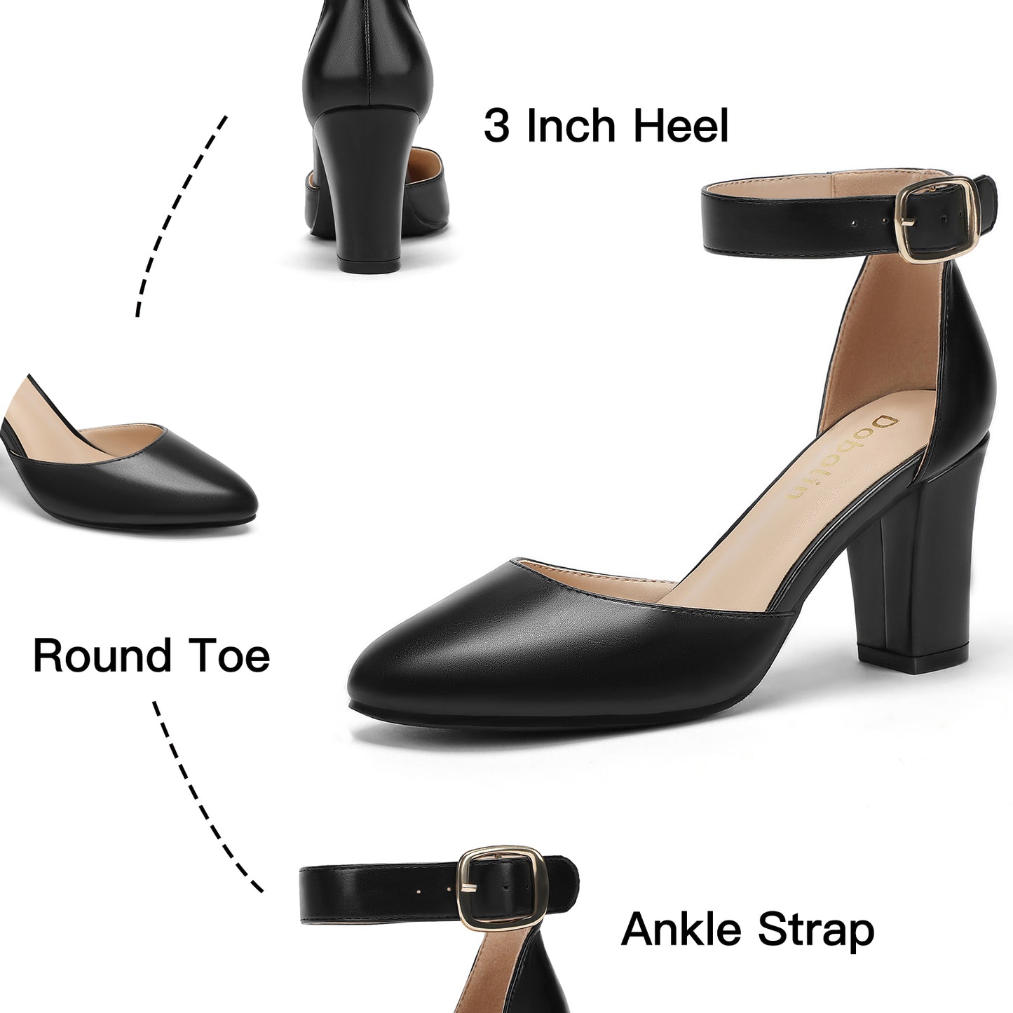 Wide Width Chunky Heels for Women Round Closed Toe Heels Pumps Dress Shoes 3 Inch Ankle Strap Buckle Block Heel Party Wedding Comfortable