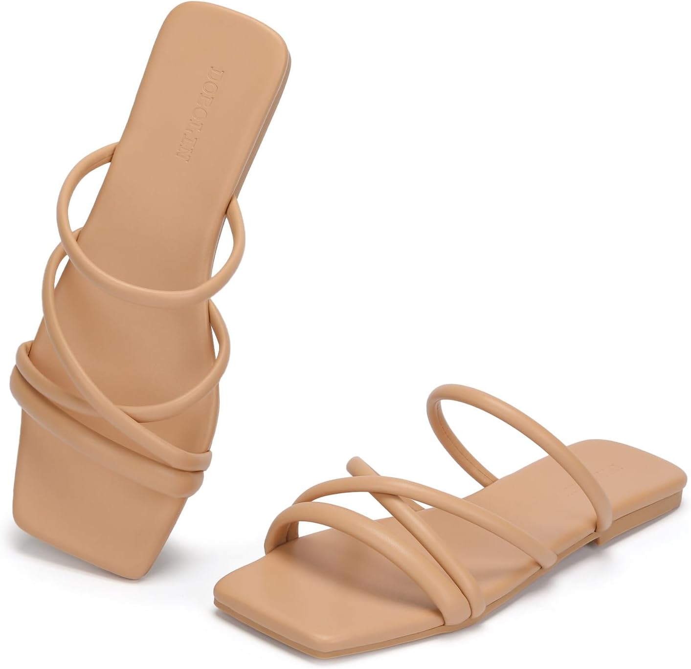 Women's Wide Width Strappy Flat Sandals Dressy Squared Open Toe Slide Sandals Comfortable Trendy Summer Sandals 2024