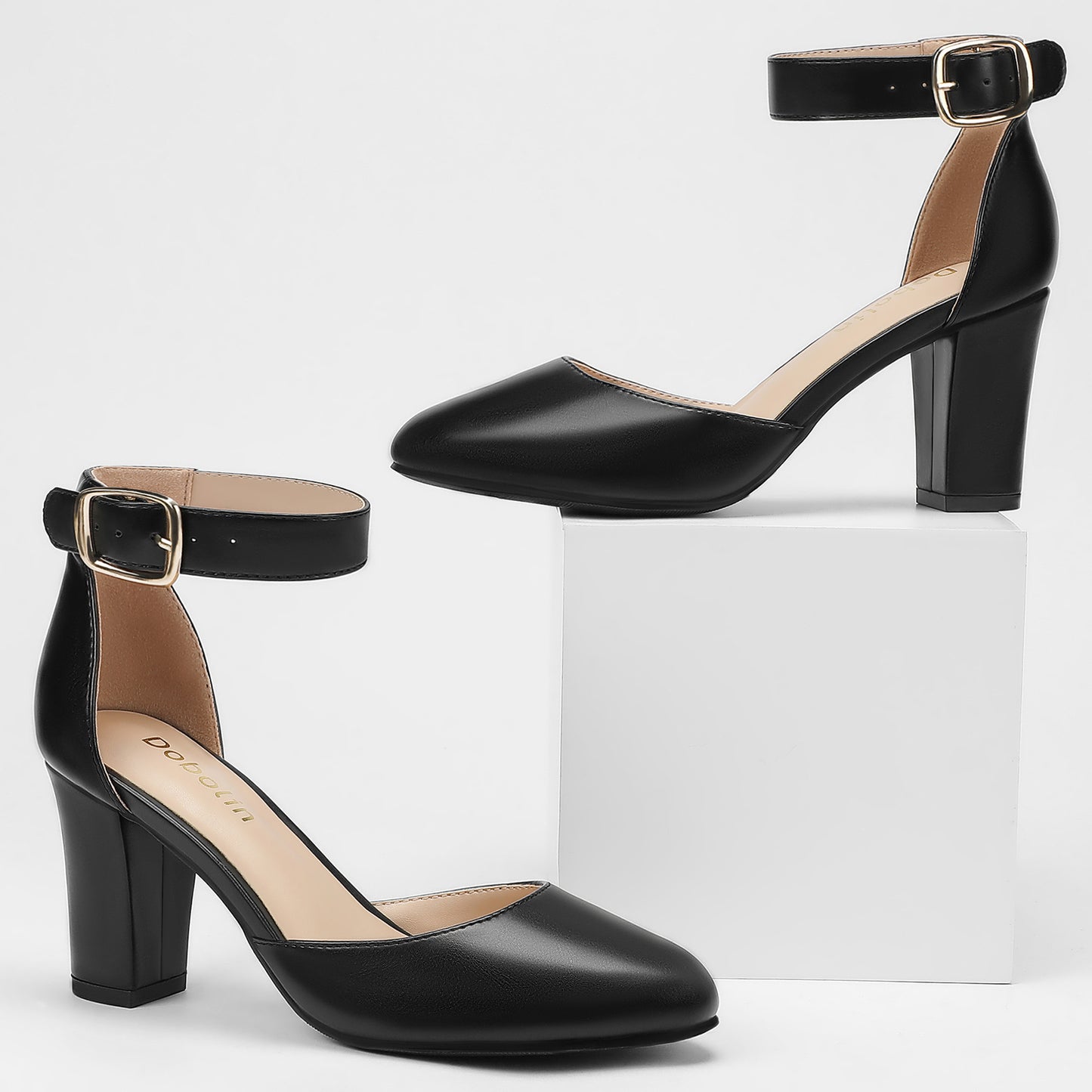 Wide Width Chunky Heels for Women Round Closed Toe Heels Pumps Dress Shoes 3 Inch Ankle Strap Buckle Block Heel Party Wedding Comfortable