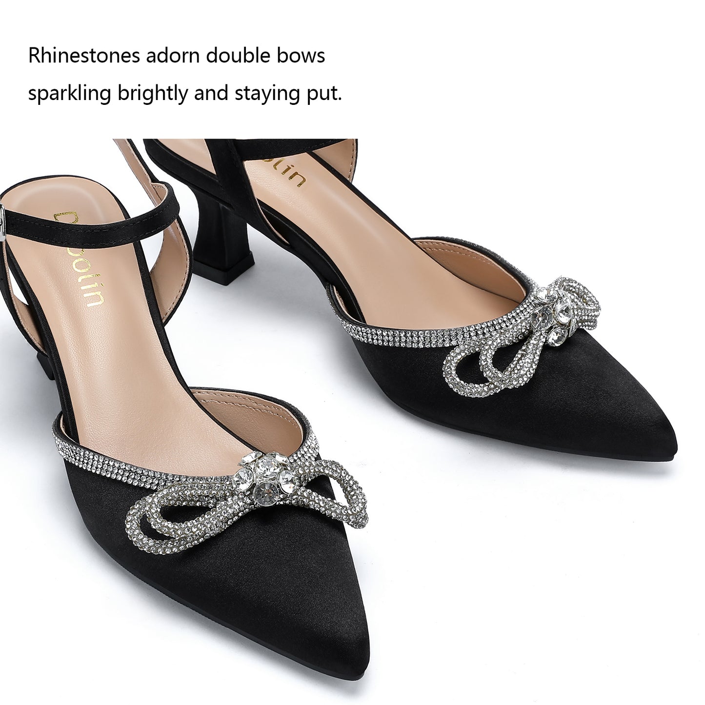 Wide Width Kitten Heels for Women Rhinestone Bow Pointed Closed Toe Pumps Ankle Strap Wedding Bridal Party Dress Shoes