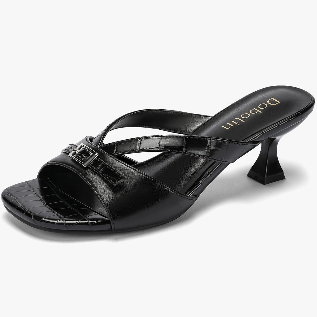 Kitten Heels for Women Square Toe Slip On Kitten Mule Sandals Comfortable 2.2 Inch Heels with Buckle Casual Party Wedding Dress Shoe
