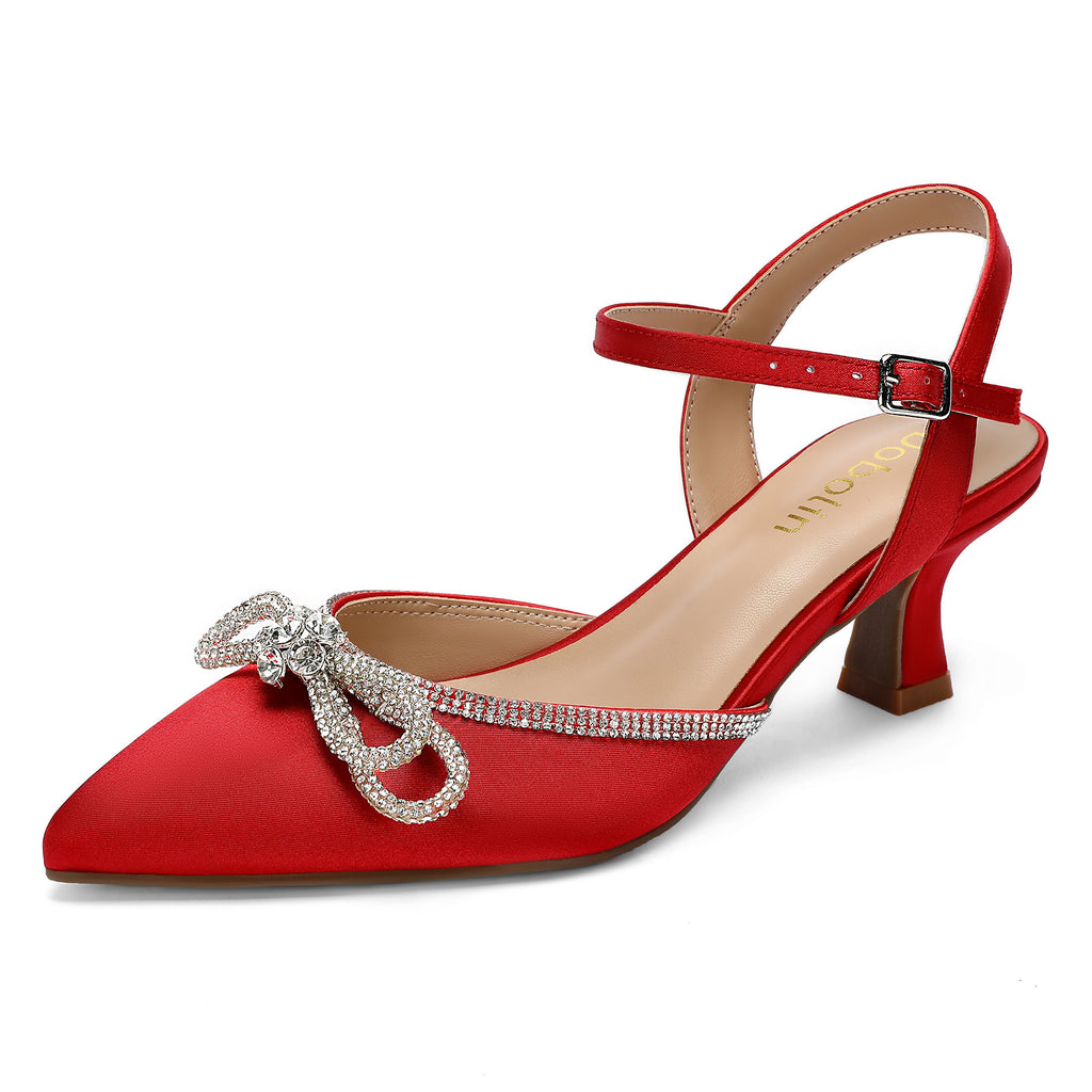 Wide Width Kitten Heels for Women Rhinestone Bow Pointed Closed Toe Pumps