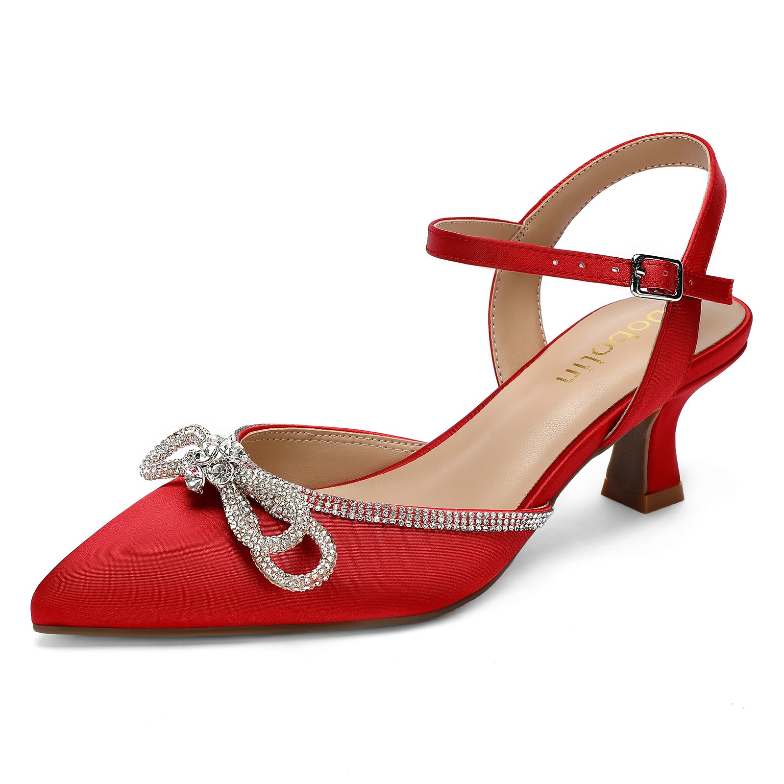 Wide Width Kitten Heels for Women Rhinestone Bow Pointed Closed Toe Pumps