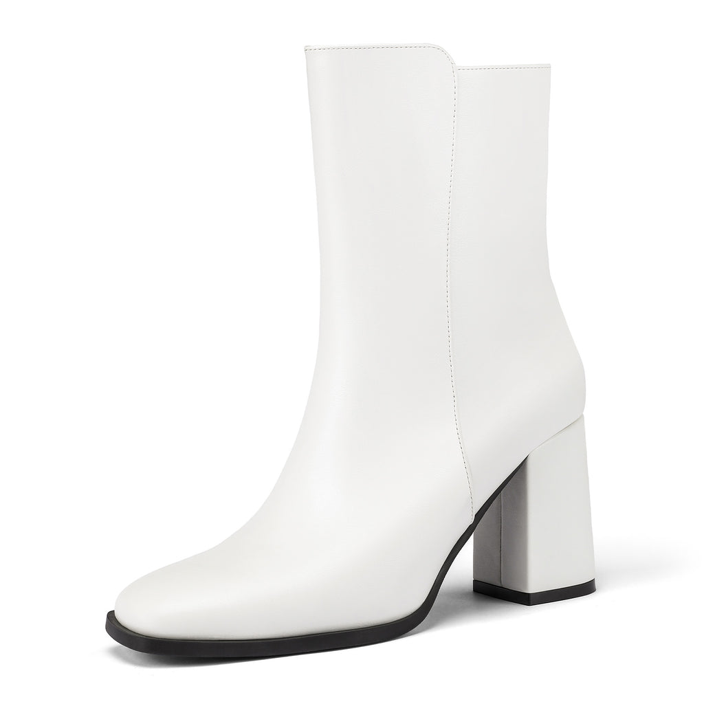 DOBOLIN Women's Ankle Boots Square Toe Chunky Block Heel Booties Side Zipper Wide Width Dress Boots for Fall Winter Outfits