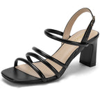 Womens Sandals Square Open Toe 2.7 Inch Strappy Heels Sandals
