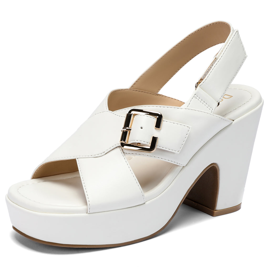 Platform Heels for Women 4 inch Chunky Block Wedge Sandals Square Open Toe Crossover Ankle Strap Heels Work Wedding Dress Shoes