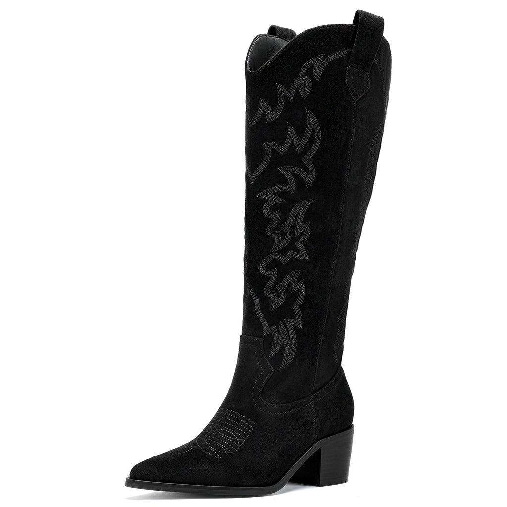 DOBOLIN Womens Wide Calf Western Cowboy Boots Knee High Snip Toe Block Heel