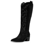 DOBOLIN Womens Wide Calf Western Cowboy Boots Knee High Snip Toe Block Heel