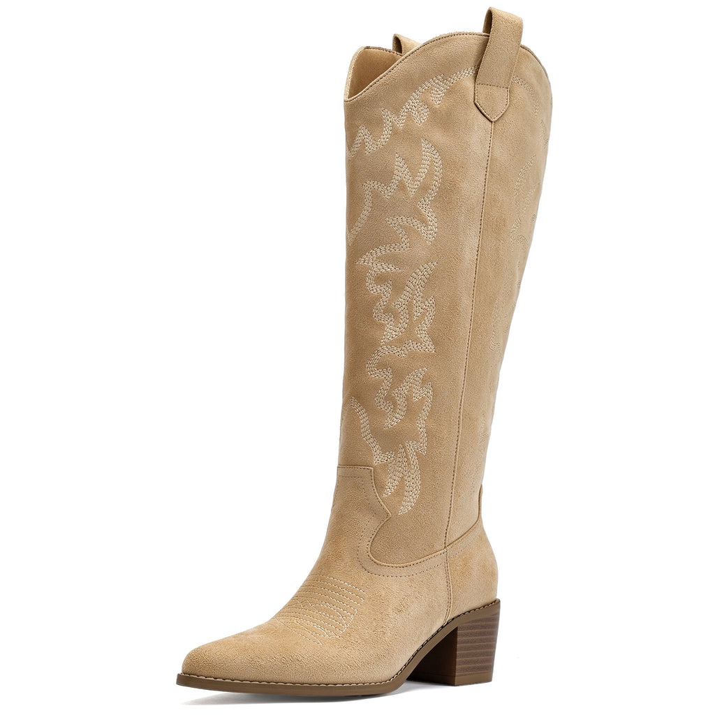DOBOLIN Womens Wide Calf Western Cowboy Boots Knee High Snip Toe Block Heel