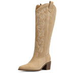DOBOLIN Womens Wide Calf Western Cowboy Boots Knee High Snip Toe Block Heel