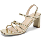 Womens Sandals Square Open Toe 2.7 Inch Strappy Heels Sandals