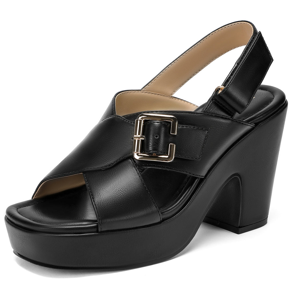 Platform Heels for Women 4 inch Chunky Block Wedge Sandals Square Open Toe Crossover Ankle Strap Heels Work Wedding Dress Shoes
