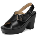 Platform Heels for Women 4 inch Chunky Block Wedge Sandals Square Open Toe Crossover Ankle Strap Heels Work Wedding Dress Shoes
