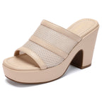 Womens Platform Sandals Chunky Block Heels Slip on Square Open Toe Mesh Knit Comfortable Dressy Summer Party Shoes