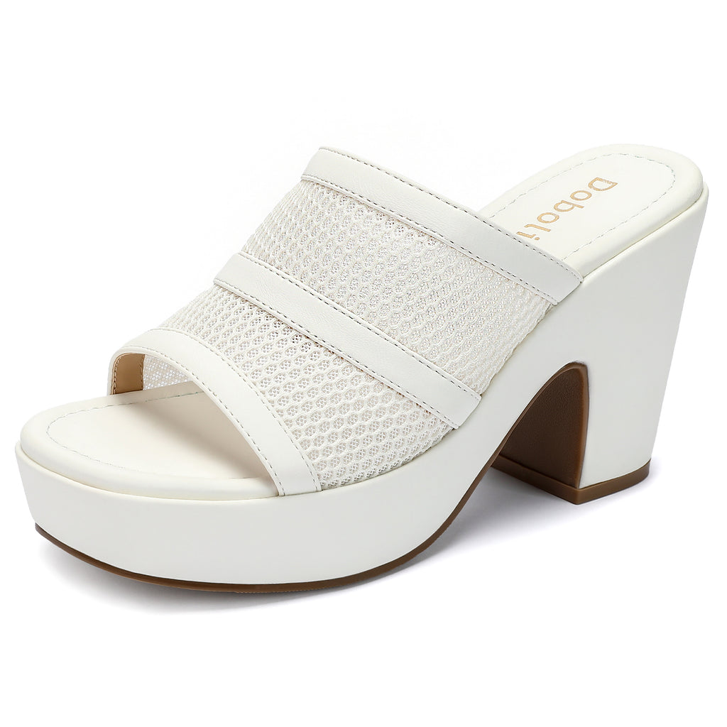 Womens Platform Sandals Chunky Block Heels Slip on Square Open Toe Mesh Knit Comfortable Dressy Summer Party Shoes