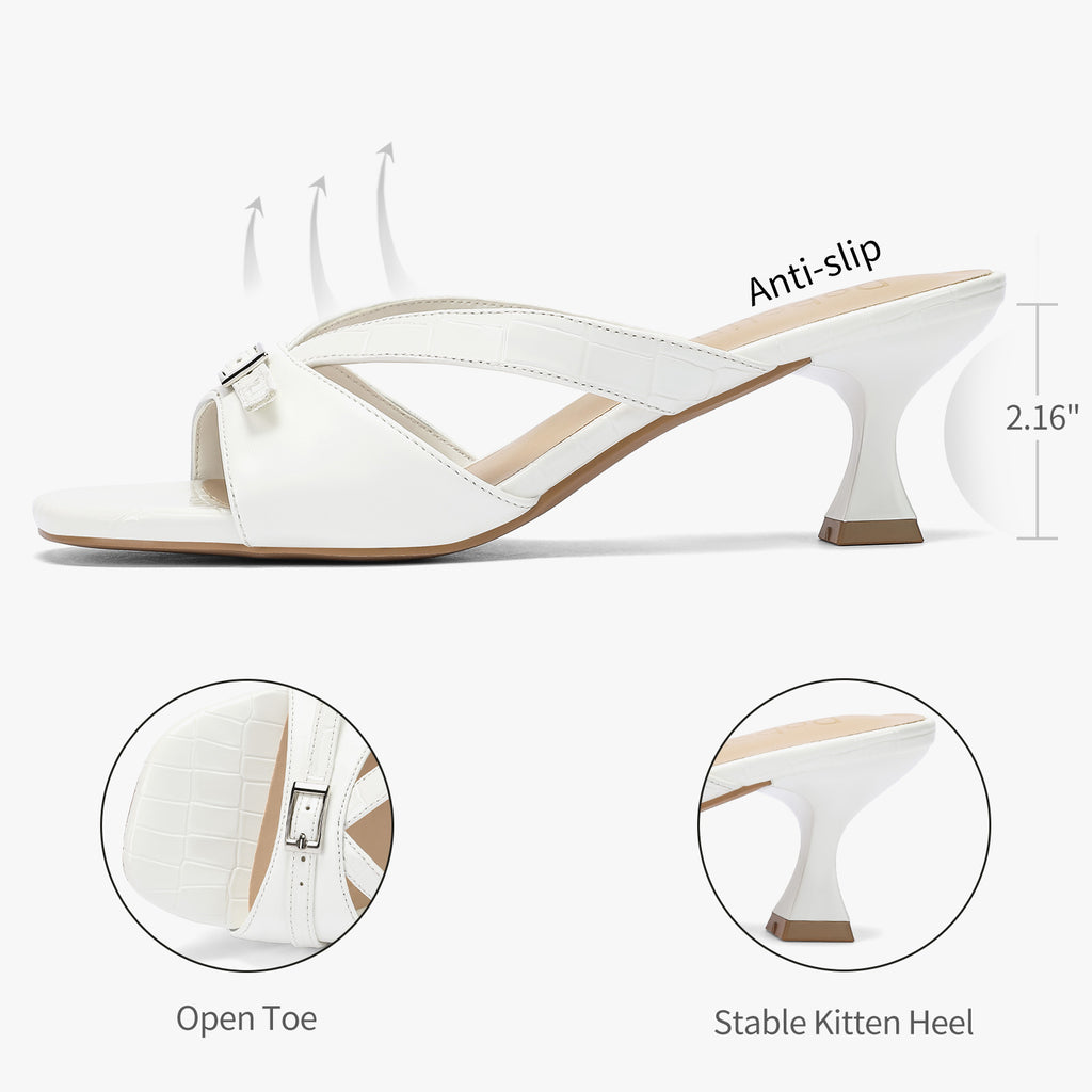 Kitten Heels for Women Square Toe Slip On Kitten Mule Sandals Comfortable 2.2 Inch Heels with Buckle Casual Party Wedding Dress Shoe