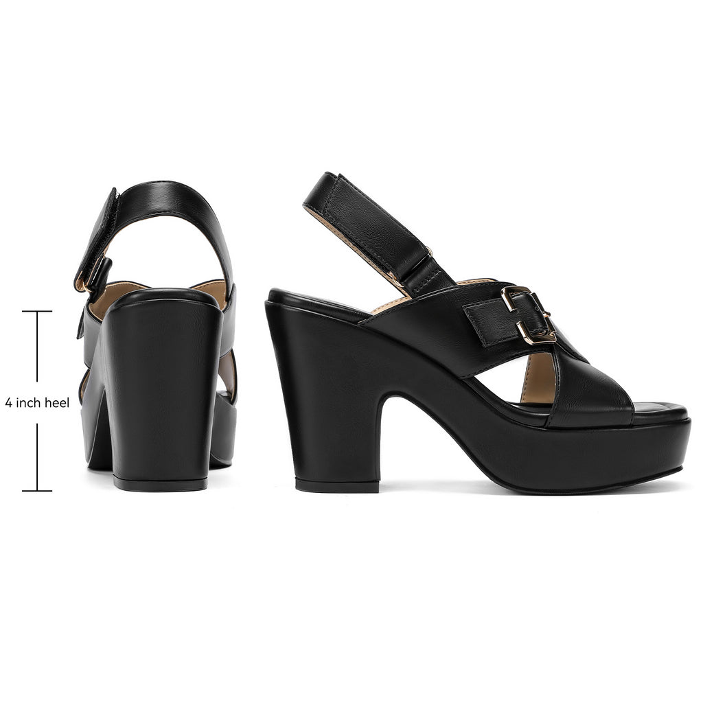 Platform Heels for Women 4 inch Chunky Block Wedge Sandals Square Open Toe Crossover Ankle Strap Heels Work Wedding Dress Shoes