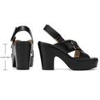 Platform Heels for Women 4 inch Chunky Block Wedge Sandals Square Open Toe Crossover Ankle Strap Heels Work Wedding Dress Shoes