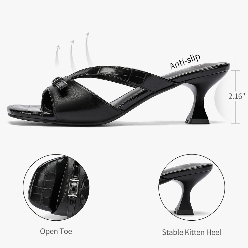 Kitten Heels for Women Square Toe Slip On Kitten Mule Sandals Comfortable 2.2 Inch Heels with Buckle Casual Party Wedding Dress Shoe