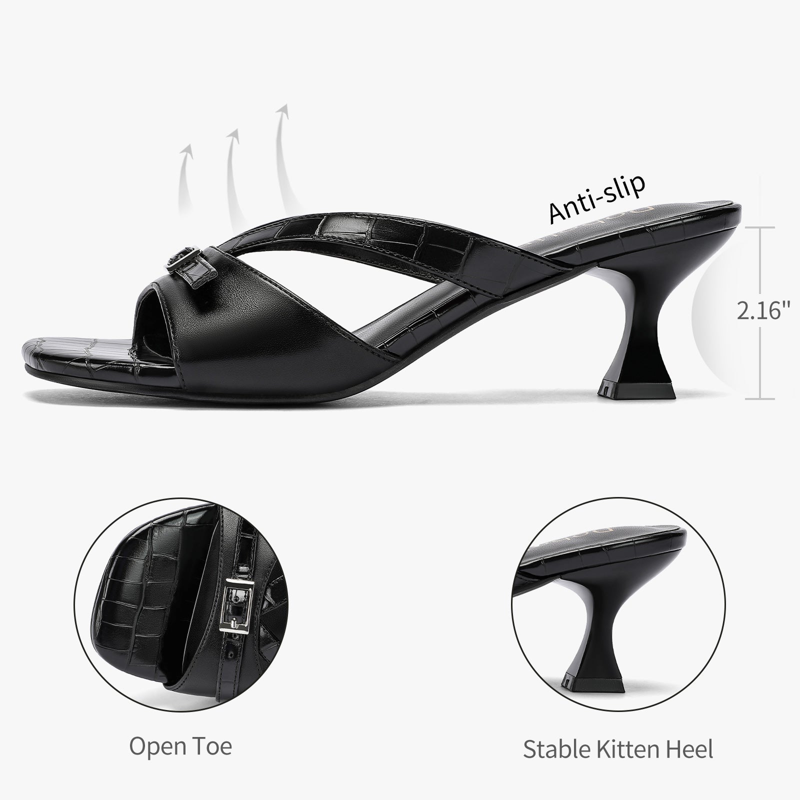 Kitten Heels for Women Square Toe Slip On Kitten Mule Sandals Comfortable 2.2 Inch Heels with Buckle Casual Party Wedding Dress Shoe