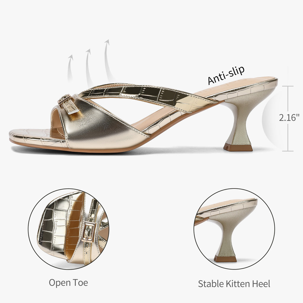 Kitten Heels for Women Square Toe Slip On Kitten Mule Sandals Comfortable 2.2 Inch Heels with Buckle Casual Party Wedding Dress Shoe