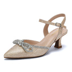 Wide Width Kitten Heels for Women Rhinestone Bow Pointed Closed Toe Pumps