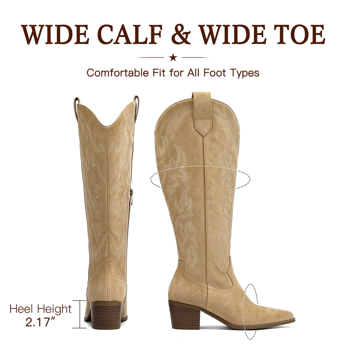 DOBOLIN Womens Wide Calf Western Cowboy Boots Knee High Snip Toe Block Heel