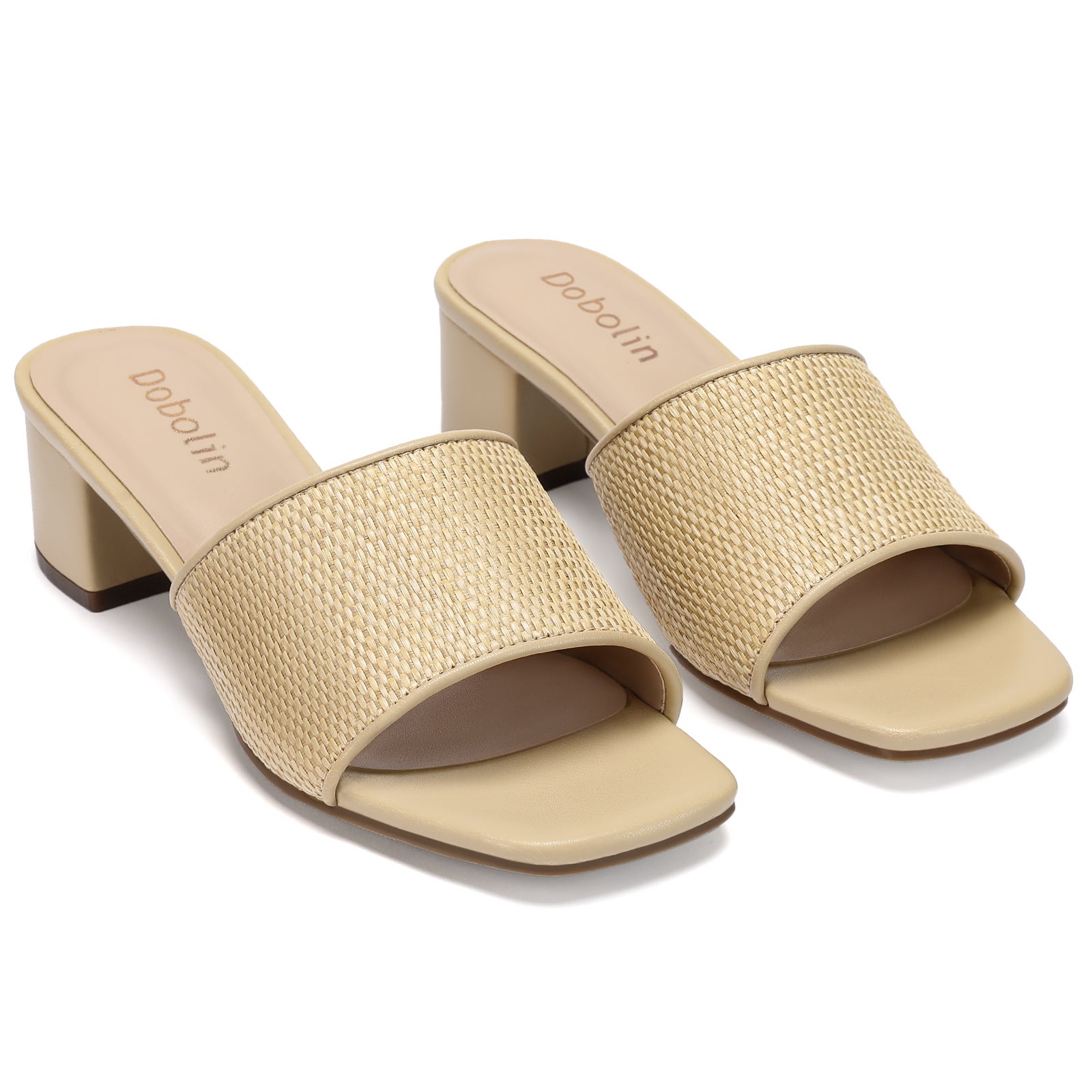 Women’s Heeled Sandals, Woven Square Open Toe Slip On Mules with Low Block Heel Dressy Summer Slide Sandals