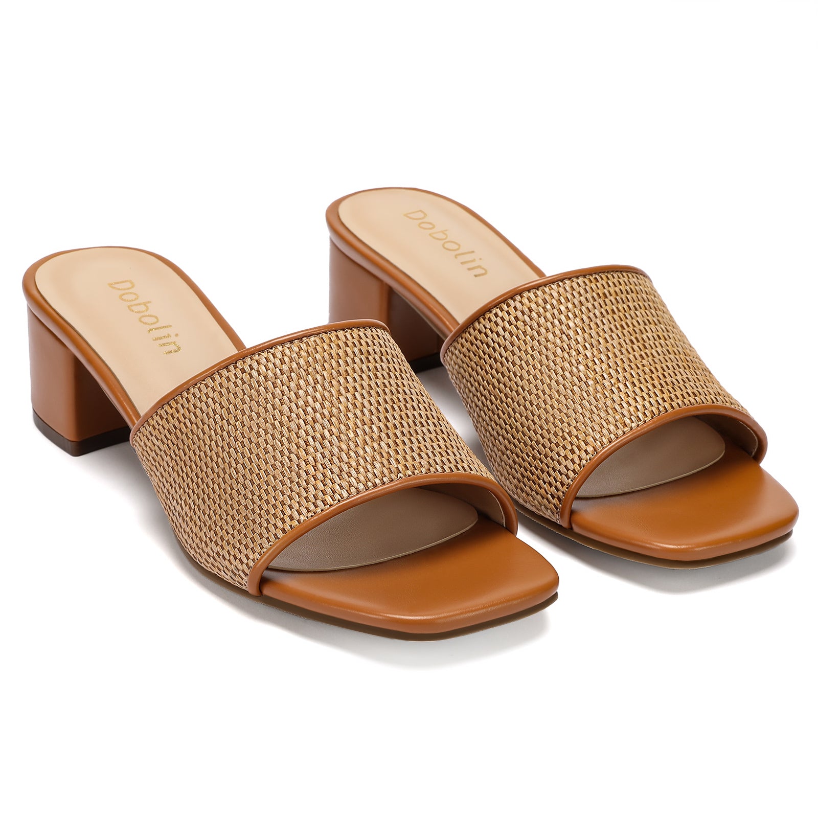 Women’s Heeled Sandals, Woven Square Open Toe Slip On Mules with Low Block Heel Dressy Summer Slide Sandals