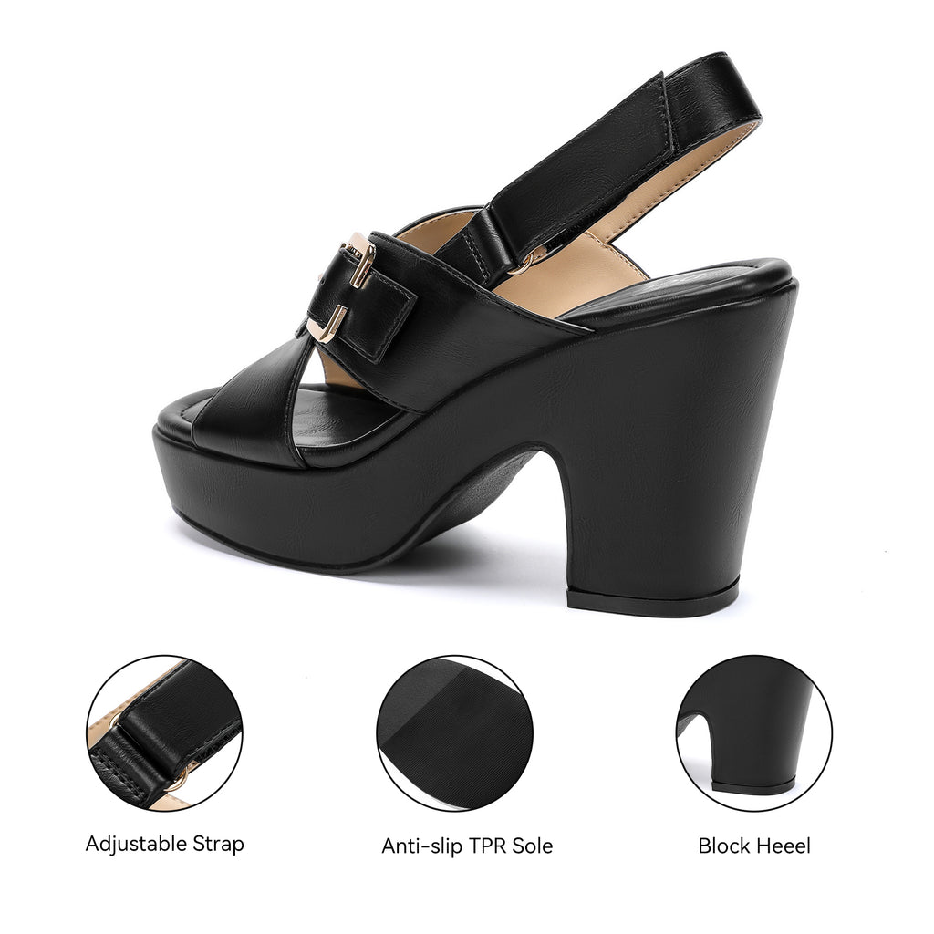 Platform Heels for Women 4 inch Chunky Block Wedge Sandals Square Open Toe Crossover Ankle Strap Heels Work Wedding Dress Shoes