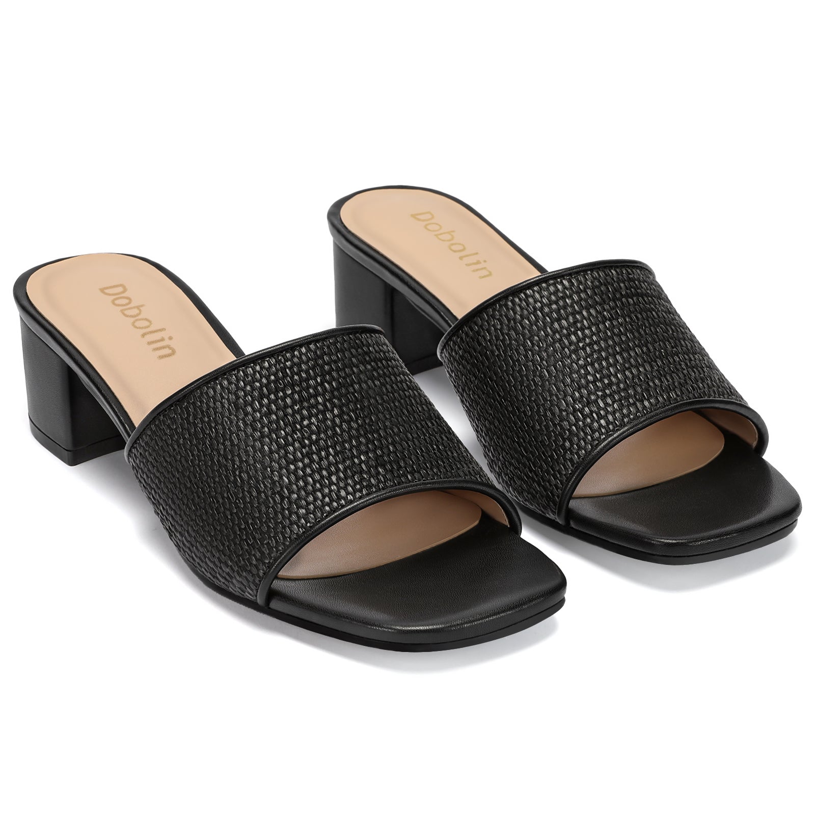 Women’s Heeled Sandals, Woven Square Open Toe Slip On Mules with Low Block Heel Dressy Summer Slide Sandals