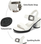 Wide Width Heels for Women 3 Inch Chunky Block Platform Heels Sandals Elastic Ankle Strap Open Toe Comfortable Low Heel Dress Shoes for Women Wedding Bride Party