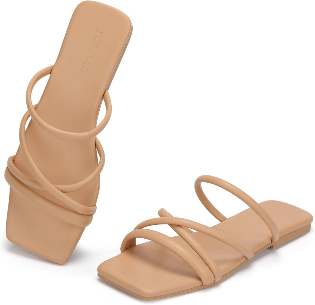 Women's Wide Width Strappy Flat Sandals Dressy Squared Open Toe Slide Sandals Comfortable Trendy Summer Sandals 2024