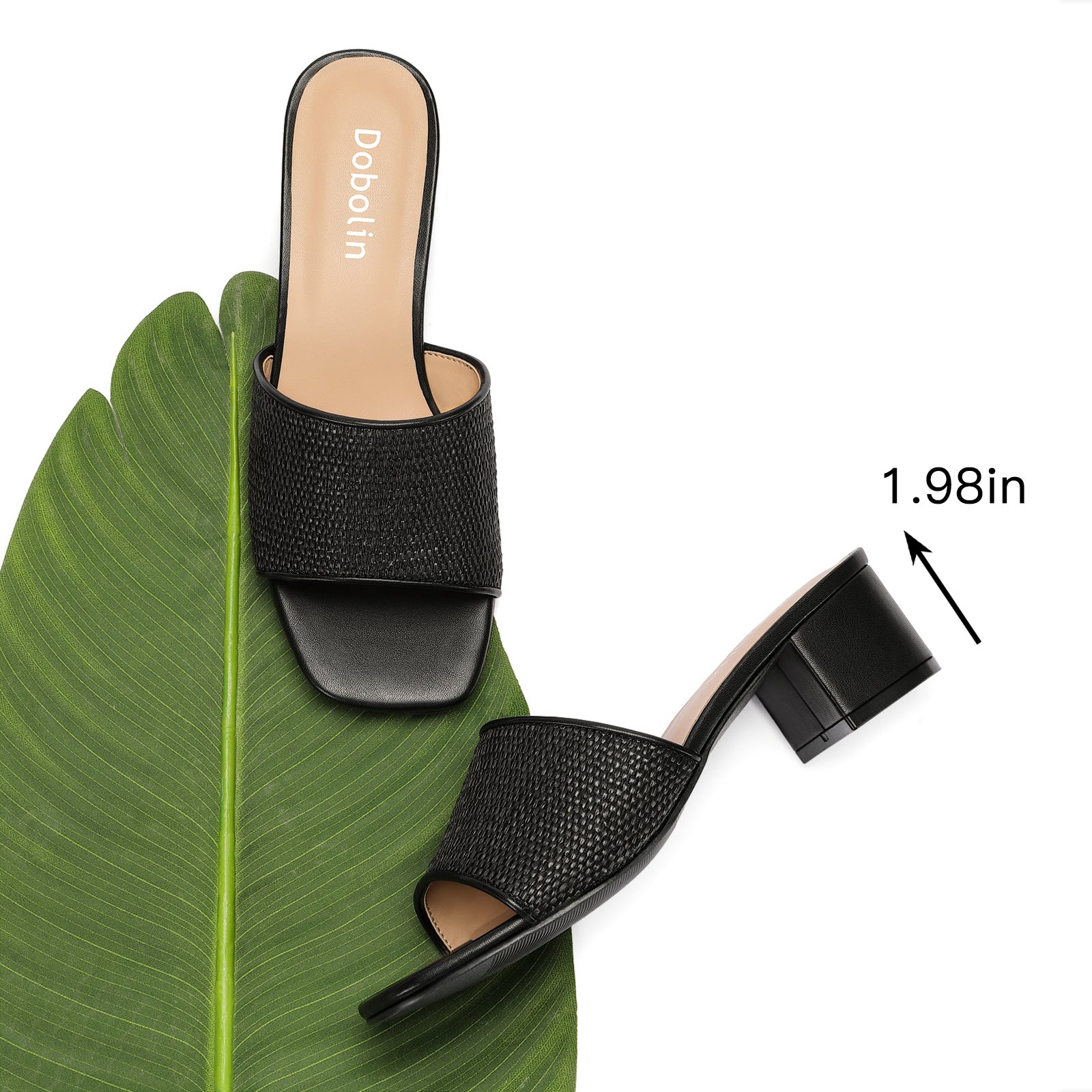 Women’s Heeled Sandals, Woven Square Open Toe Slip On Mules with Low Block Heel Dressy Summer Slide Sandals