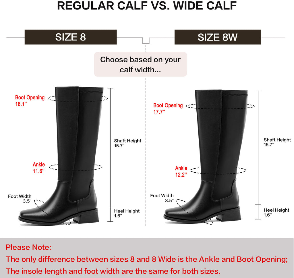 DOBOLIN Women's Wide Calf Knee High Boots Square Toe 1.6" Low Block Heel