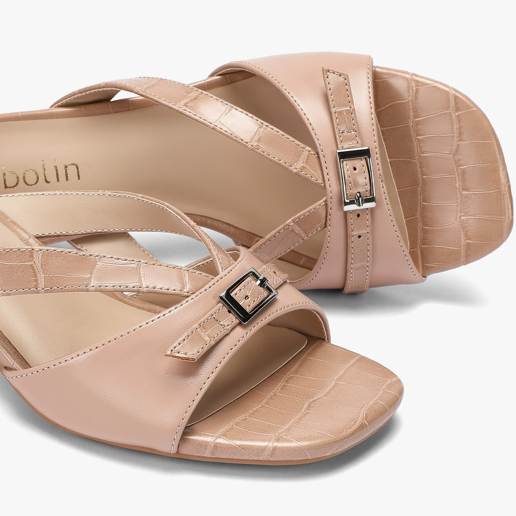 Kitten Heels for Women Square Toe Slip On Kitten Mule Sandals Comfortable 2.2 Inch Heels with Buckle Casual Party Wedding Dress Shoe