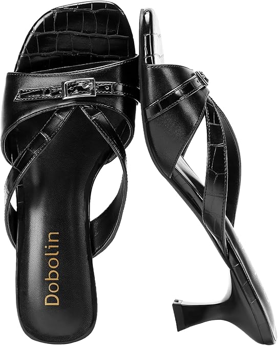 Kitten Heels for Women Square Toe Slip On Kitten Mule Sandals Comfortable 2.2 Inch Heels with Buckle Casual Party Wedding Dress Shoe