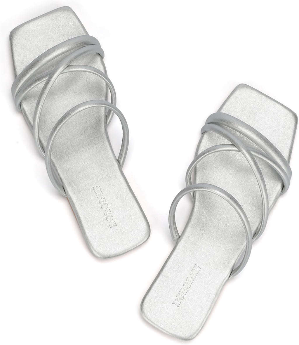 Women's Wide Width Strappy Flat Sandals Dressy Squared Open Toe Slide Sandals Comfortable Trendy Summer Sandals 2024