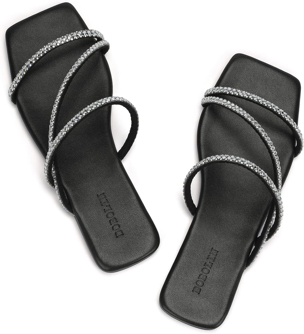 Women's Wide Width Strappy Flat Sandals Dressy Squared Open Toe Slide Sandals Comfortable Trendy Summer Sandals 2024