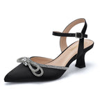 Wide Width Kitten Heels for Women Rhinestone Bow Pointed Closed Toe Pumps